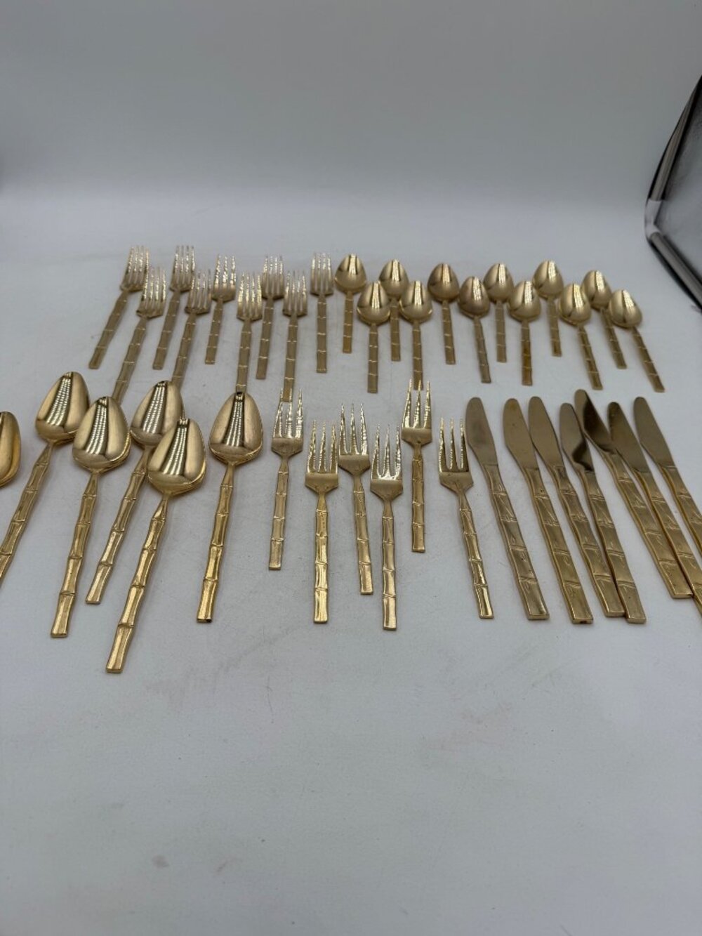 Vintage Lifetime Cutlery Gold Stainless Bamboo Flatware Japan MCM Set 40-Piece